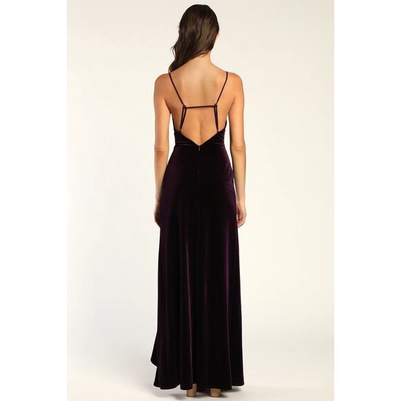Lulus You Look Stunning Dark Purple Velvet Ruffled Maxi Dress Size L Formal NEW - Picture 3 of 15